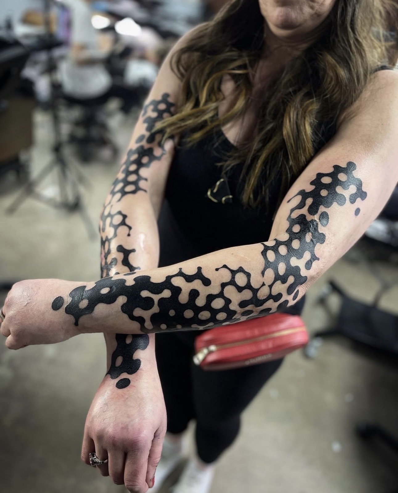 Blackwork tattoo covering scars on the forearm, by Si, Bristol