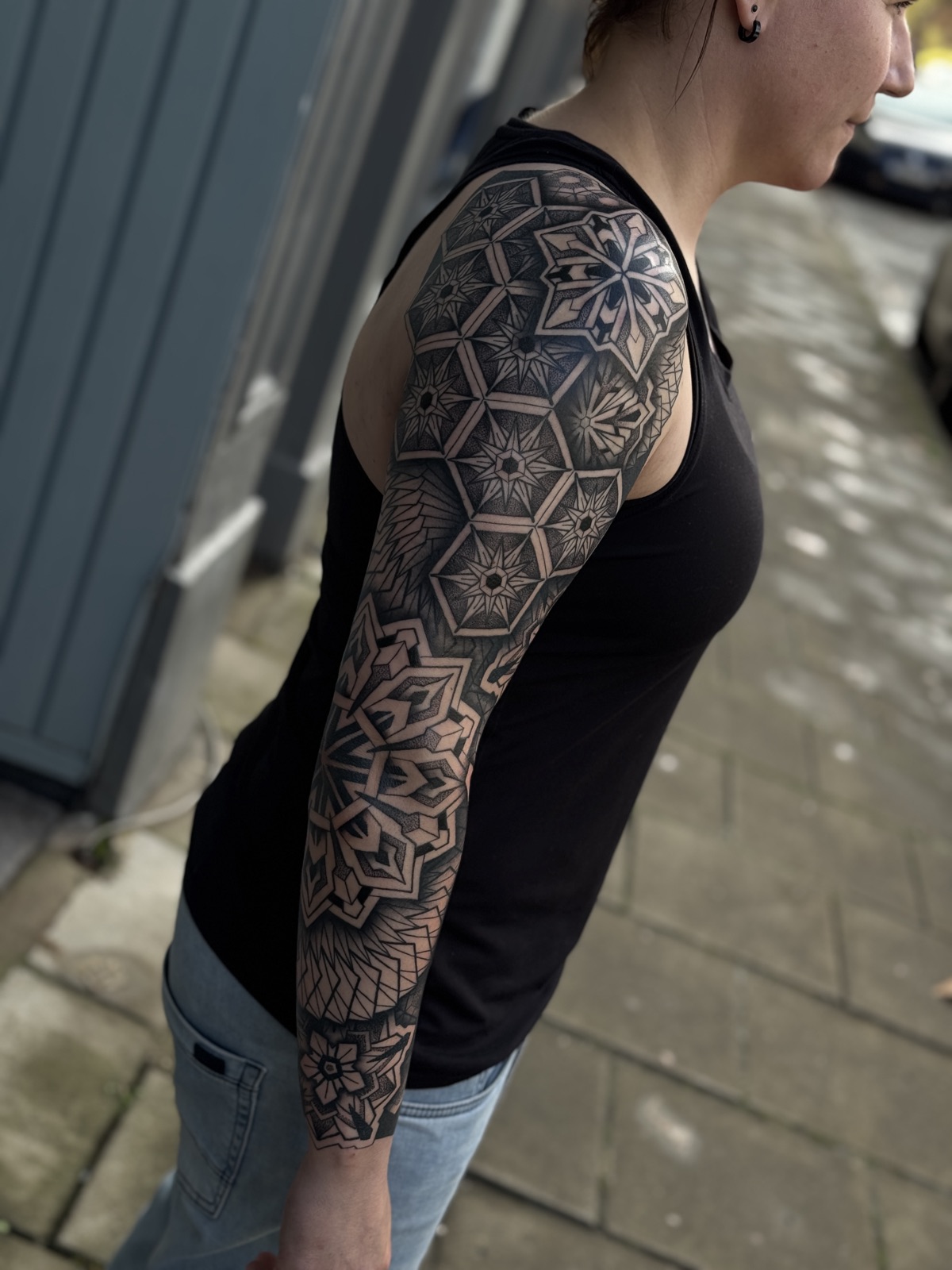 Geometric blackwork sleeve by Si, Bristol